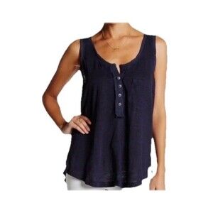 Free People 100% Linen Henley Tank Top Women's Pocket Vents Large Navy Blue NWOT